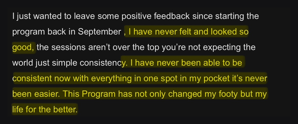 Screenshot of a player praising JJ’s High Performance program.