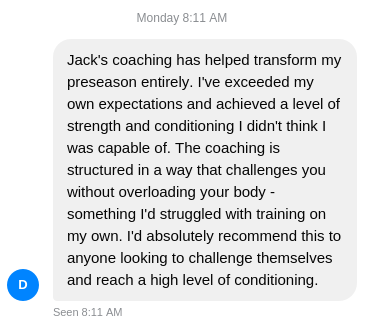 Screenshot of players message praising Jacks coaching