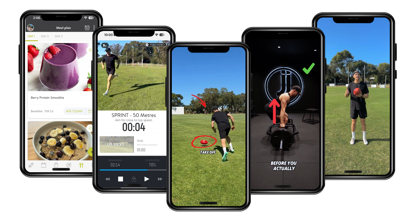 Five phone screenshots showing the training app’s running stats, sprint timer and drill tracking features