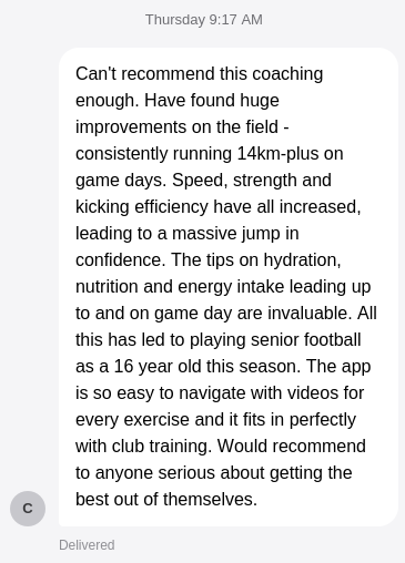 Screenshot of a players message talking about their improvement whilst using the app.