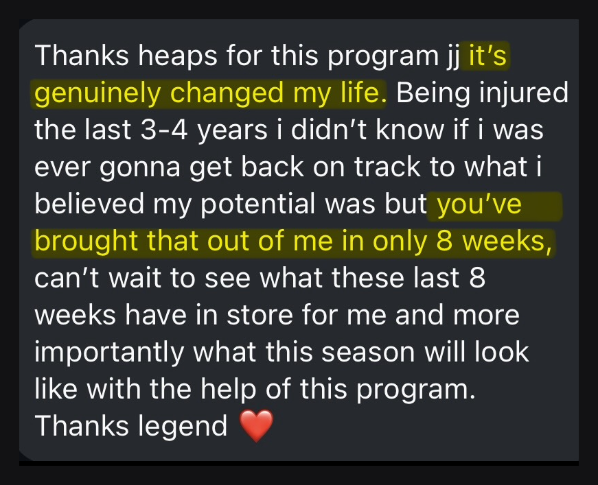 Screenshot of a text message thanking the coaching team after an 8-week package improved fitness and skills