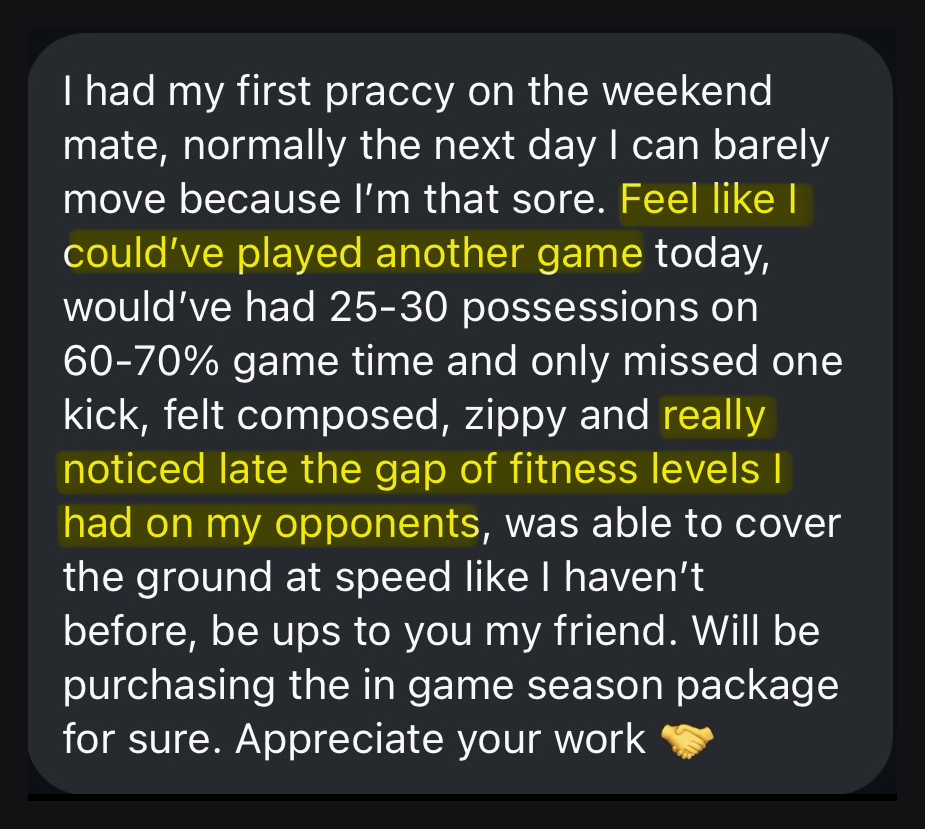 Screenshot of a text message of player talking about their performance in game